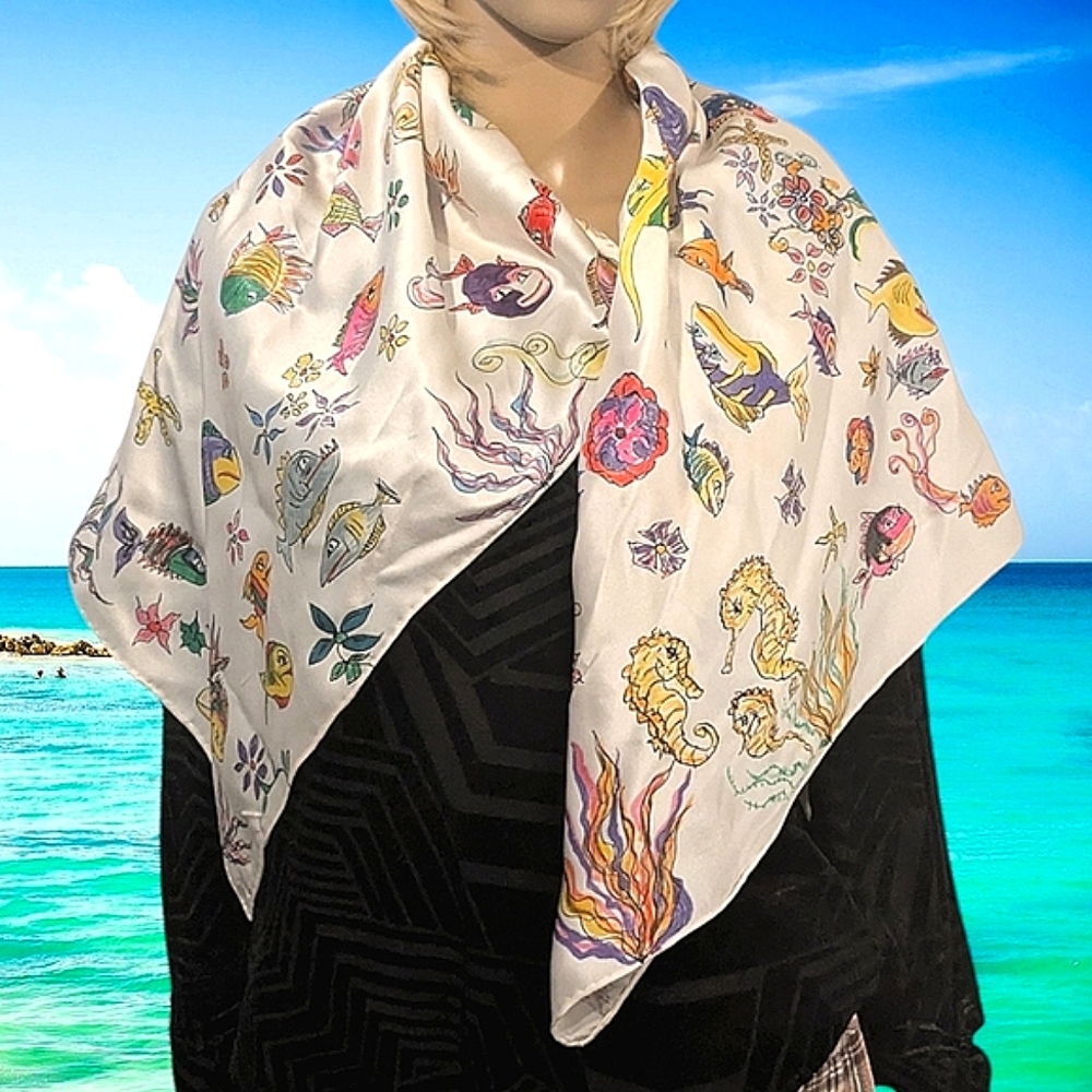 Hand painted signed silk/Satin scarf tropical fish one of a kind Original Spring